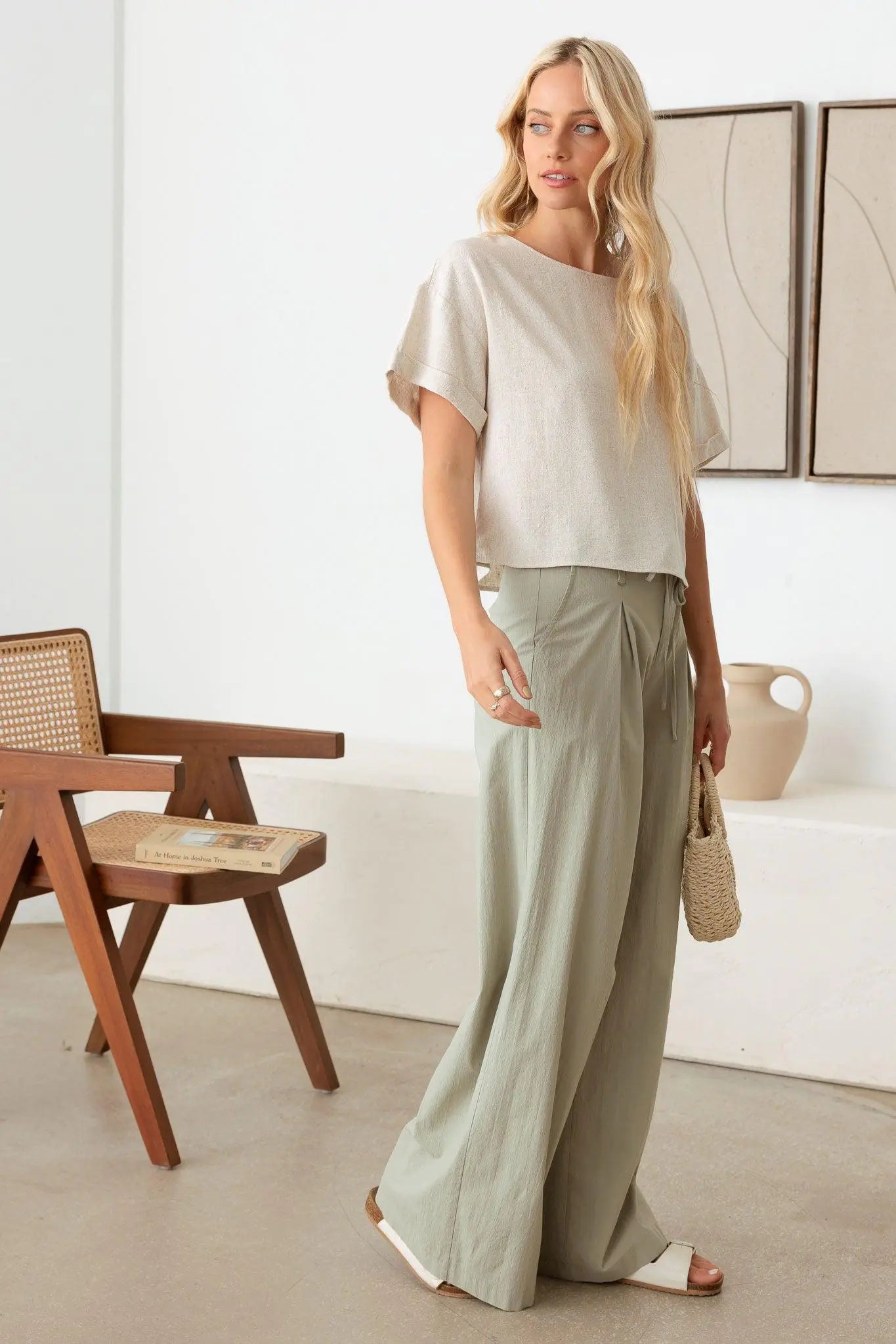 Linen Short Sleeve Open Back Top