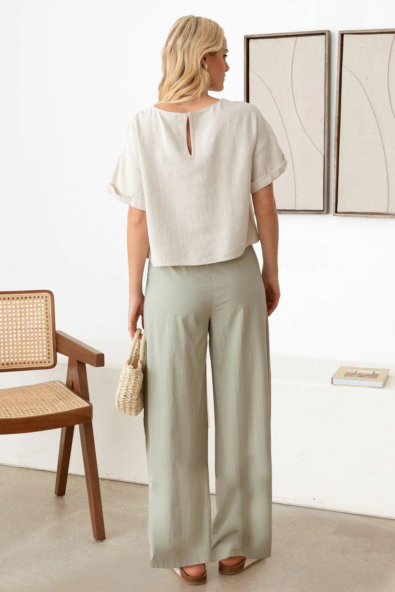 Linen Short Sleeve Open Back Top