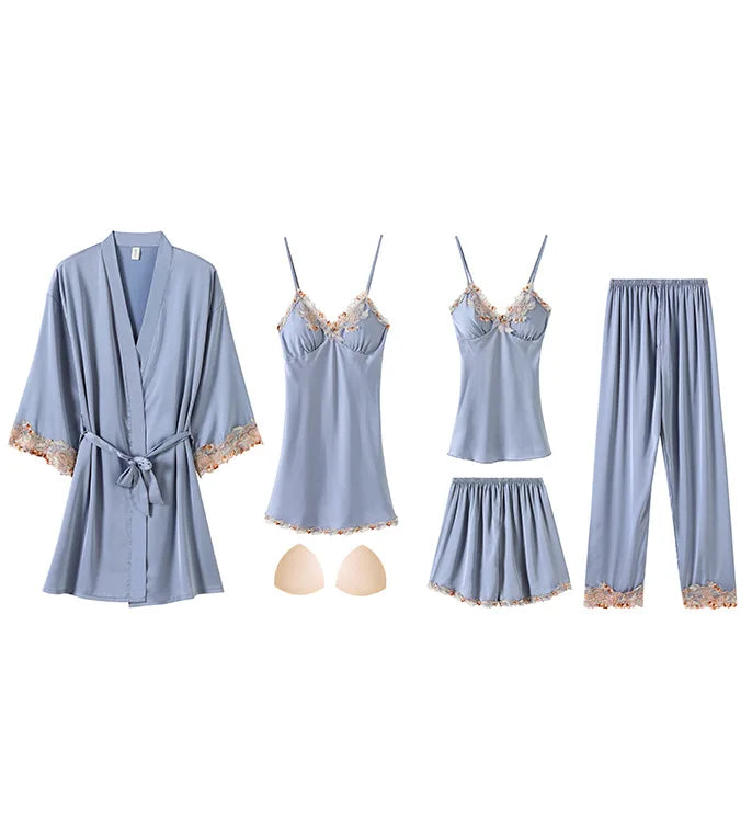 5 Piece Women Silky Satin Sleepwear Pajamas Set