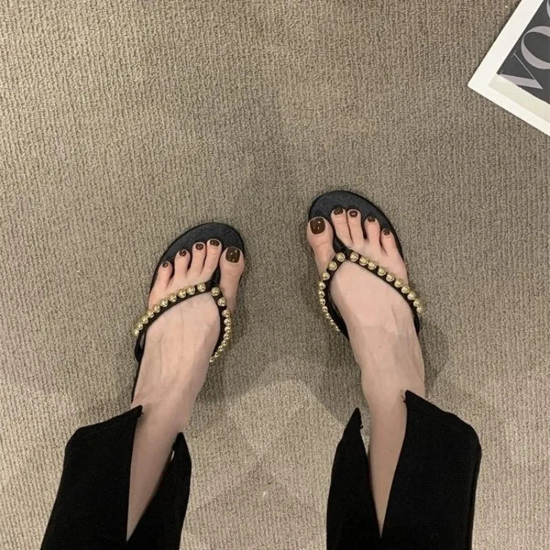 Gold Beaded Flip Flop Sandals Flats