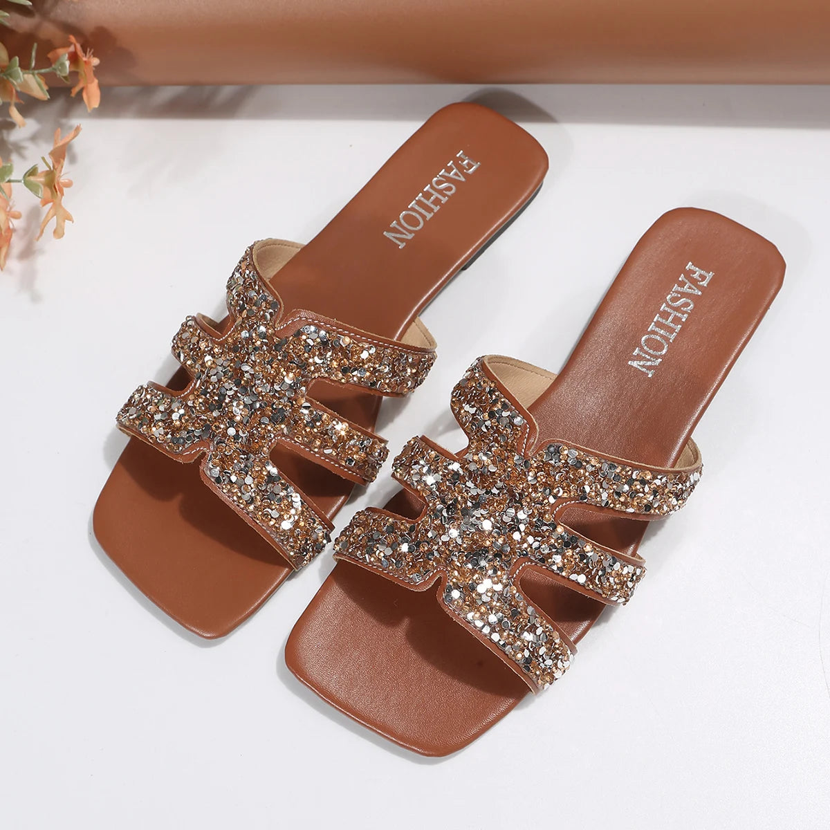 Summer Crystal Sandals Square Toe Flat Heel