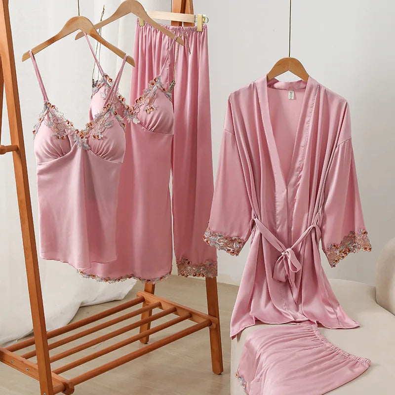 5 Piece Women Silky Satin Sleepwear Pajamas Set