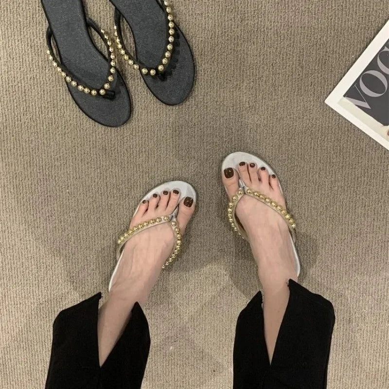 Gold Beaded Flip Flop Sandals Flats