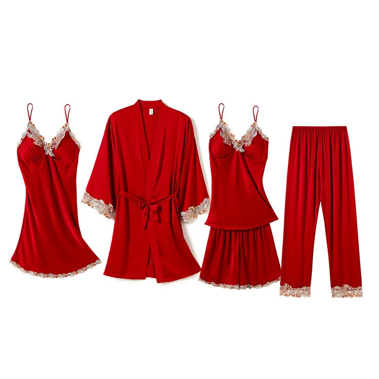 5 Piece Women Silky Satin Sleepwear Pajamas Set