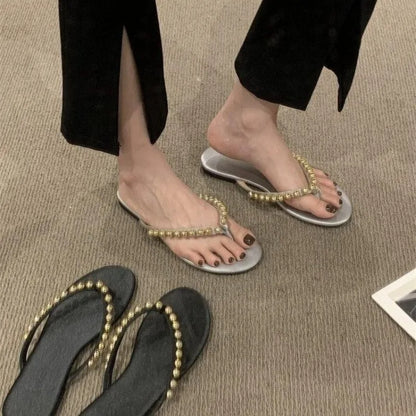 Gold Beaded Flip Flop Sandals Flats