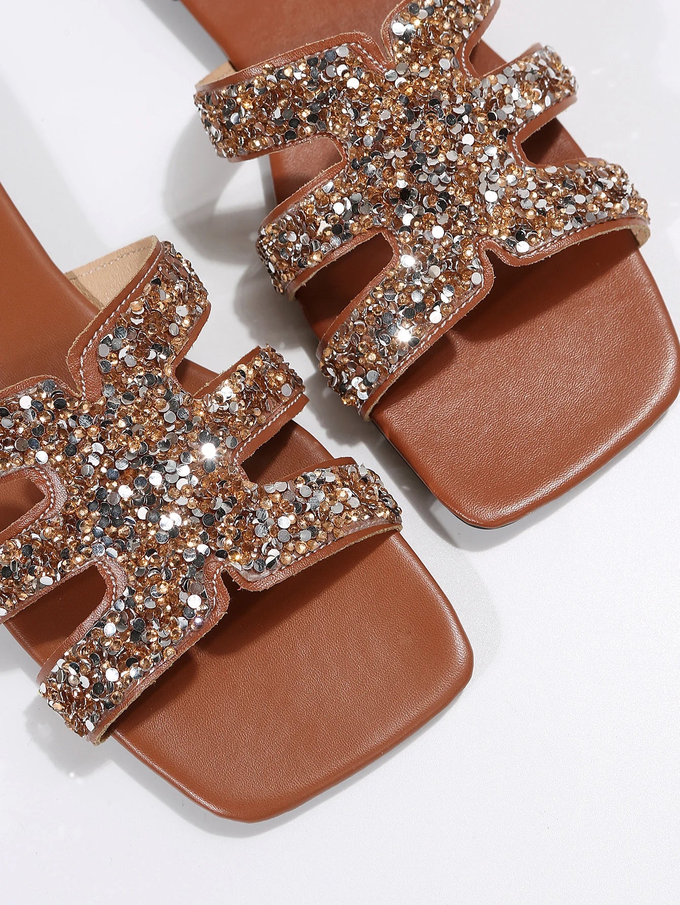 Summer Crystal Sandals Square Toe Flat Heel