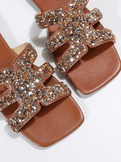 Summer Crystal Sandals Square Toe Flat Heel