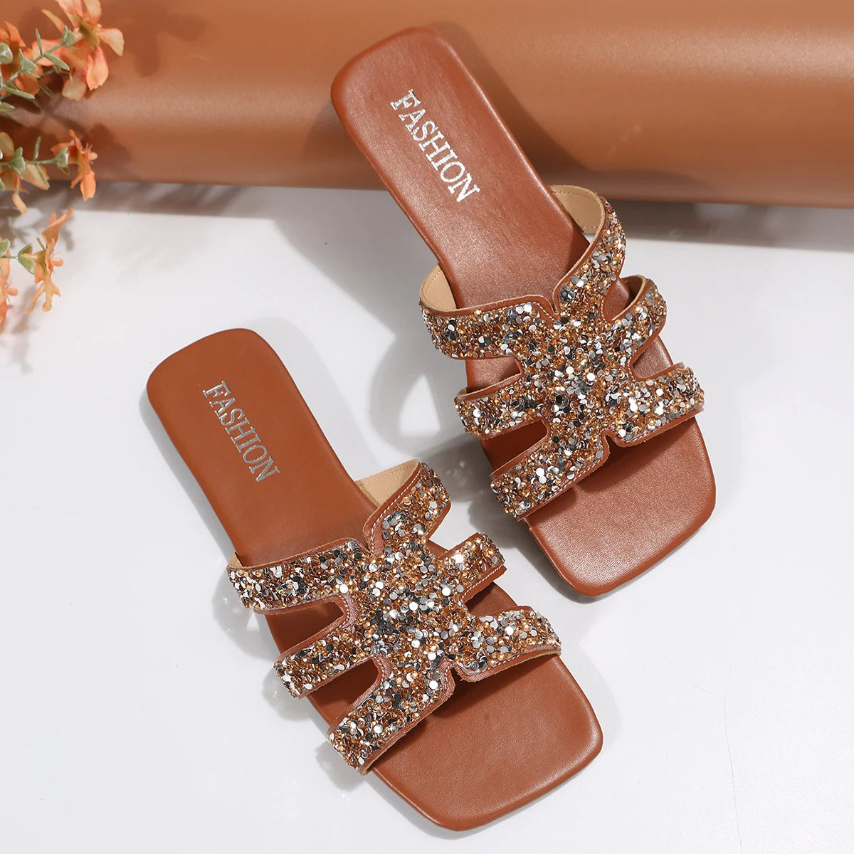 Summer Crystal Sandals Square Toe Flat Heel