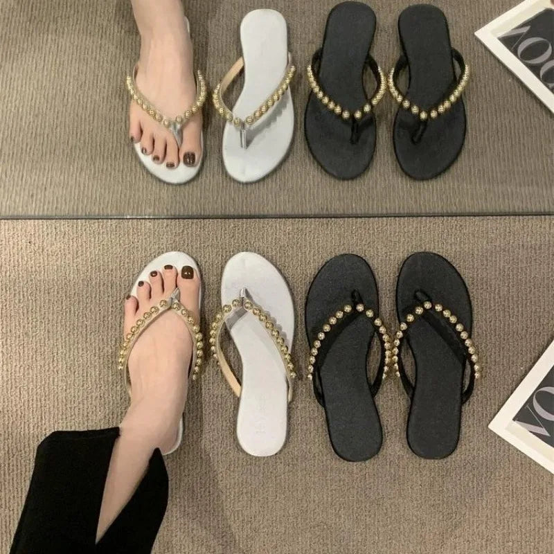 Gold Beaded Flip Flop Sandals Flats