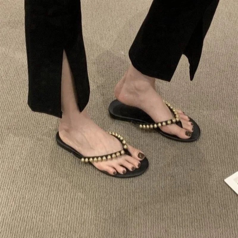 Gold Beaded Flip Flop Sandals Flats