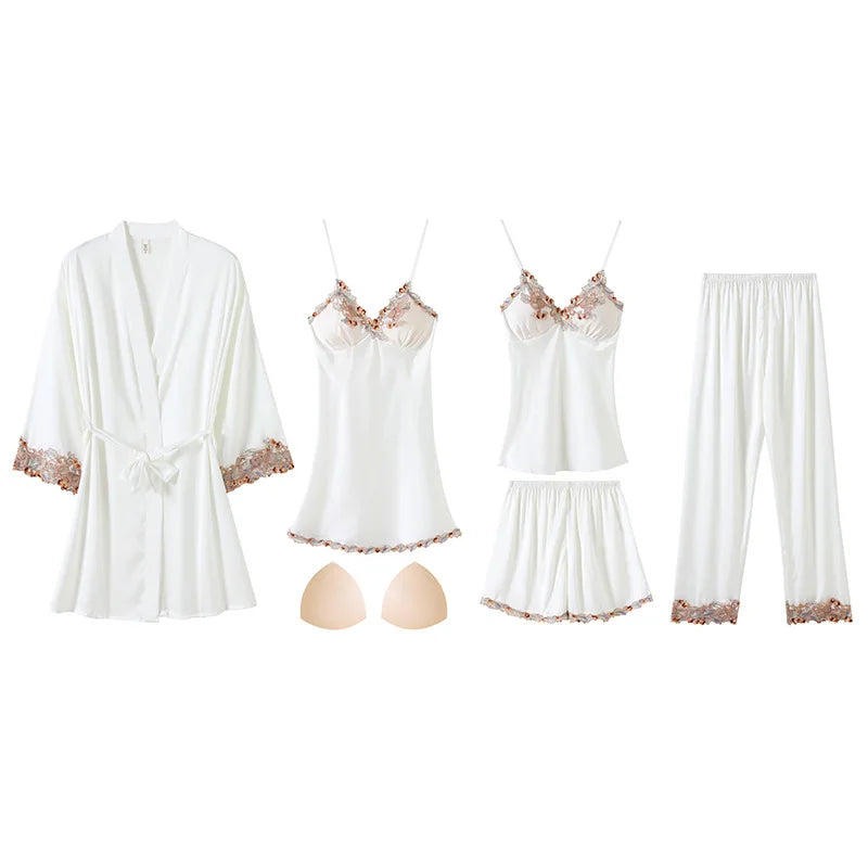 5 Piece Women Silky Satin Sleepwear Pajamas Set