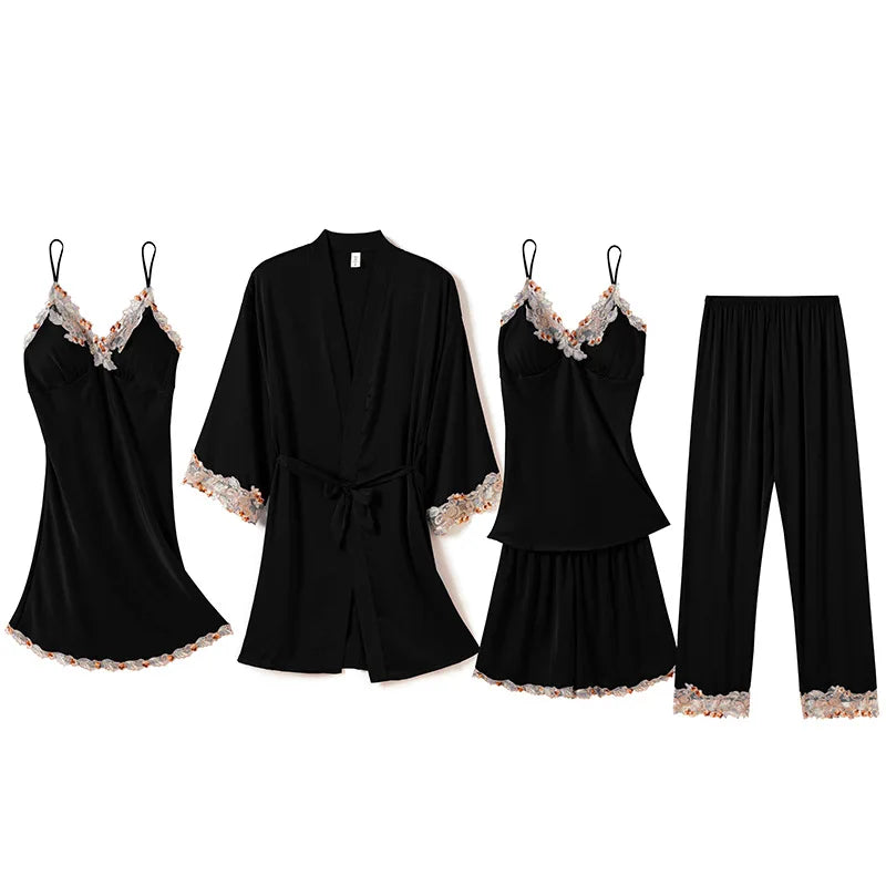 5 Piece Women Silky Satin Sleepwear Pajamas Set