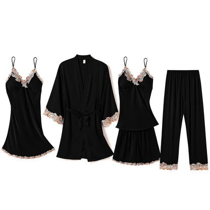 5 Piece Women Silky Satin Sleepwear Pajamas Set