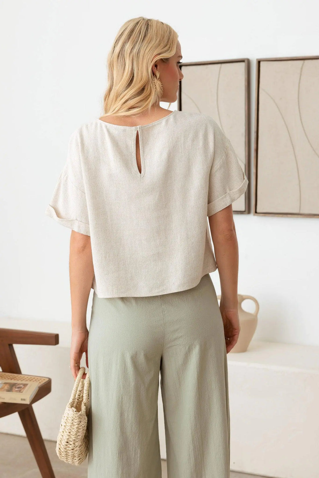 Linen Short Sleeve Open Back Top