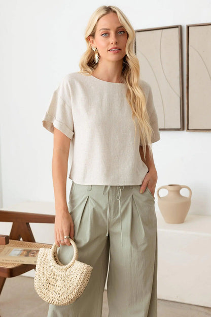 Linen Short Sleeve Open Back Top